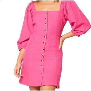 L*space Marina Mini dress Pink Linen Blend Button Front Square Neck Womans S EUC